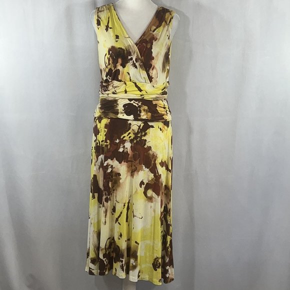Lafayette 148 New York Yellow Brown & White Abstract Print Knit Dress Sz… - Picture 1 of 8